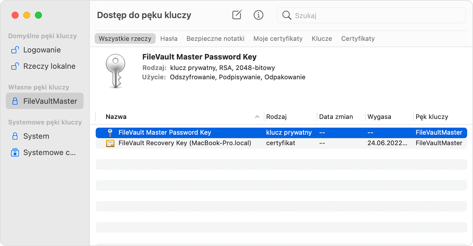 Aplikacja Dostęp do pęku kluczy z zaznaczoną nazwą FileVault Master Password Key