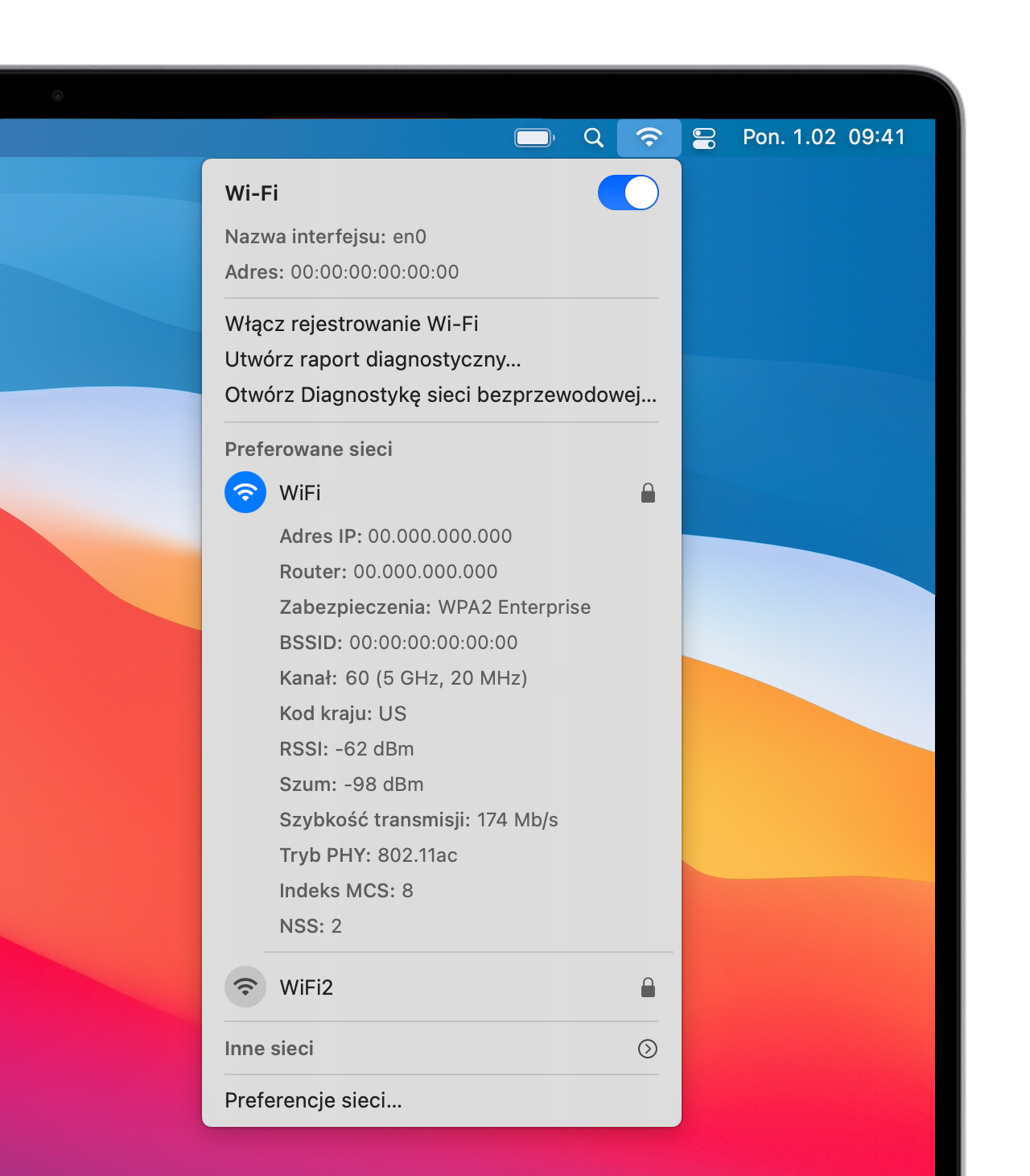 Menu opcji paska menu Wi-Fi w systemie macOS