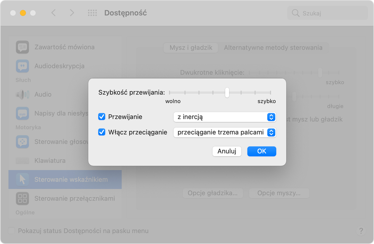 Opcje sterowania wskaźnikiem w oknie preferencji dostępności z zaznaczoną opcją przeciągania trzema palcami
