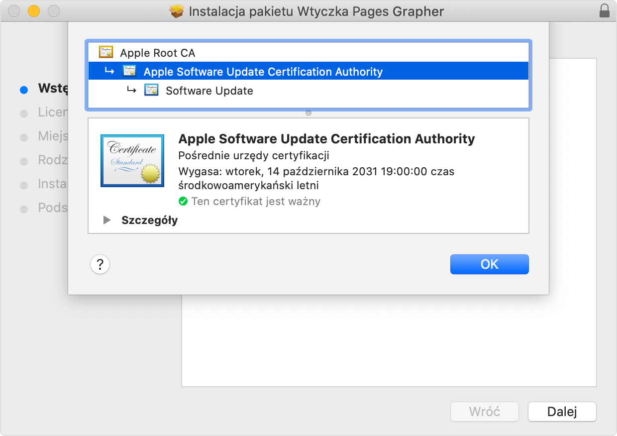 Okno instalatora przedstawiające wybraną pozycję Apple Software Update Certificate Authority