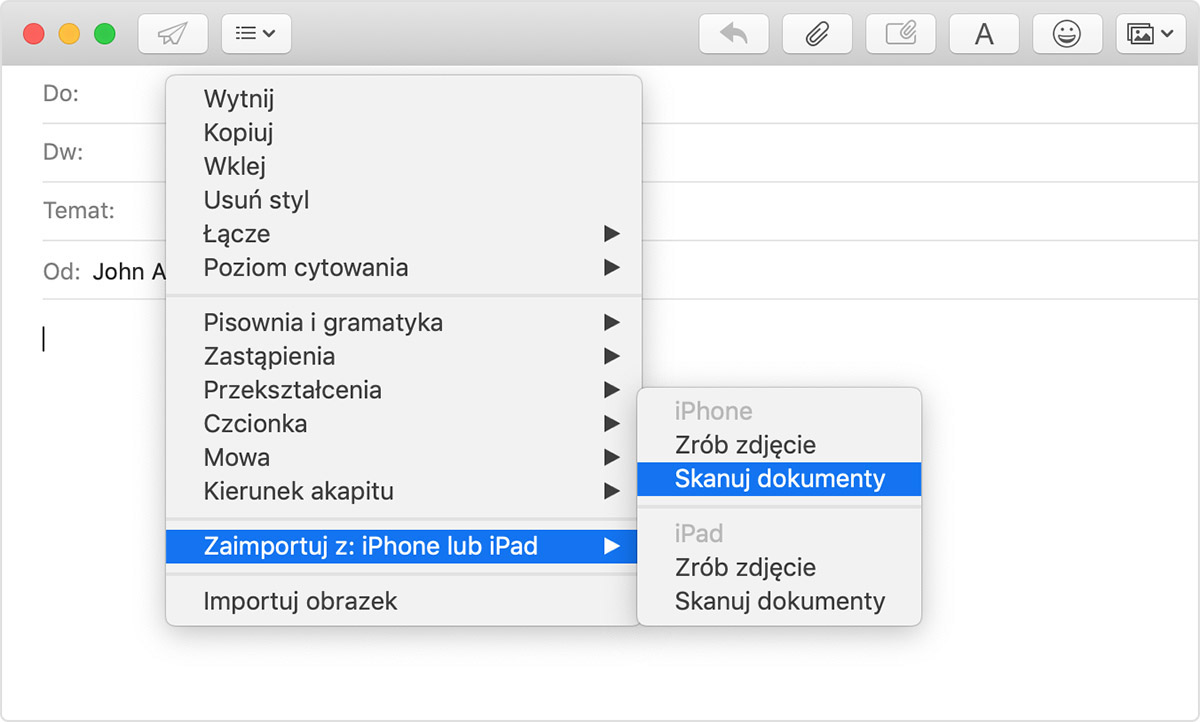 Menu Importuj z iPhone’a lub iPad na slajdzie w oknie tworzenia wiadomości w aplikacji Mail