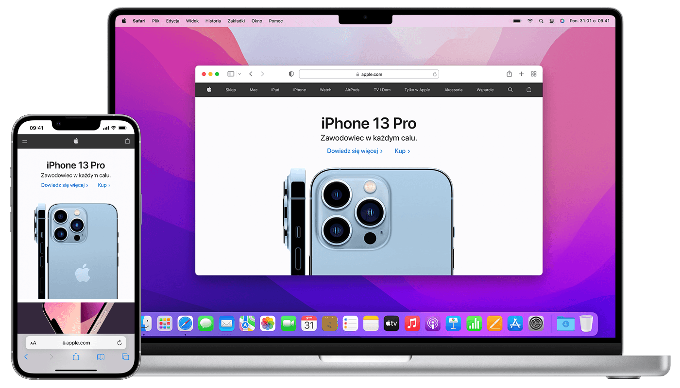 Telefon iPhone i MacBook Pro wyświetlające tę samą stronę internetową w przeglądarce Safari