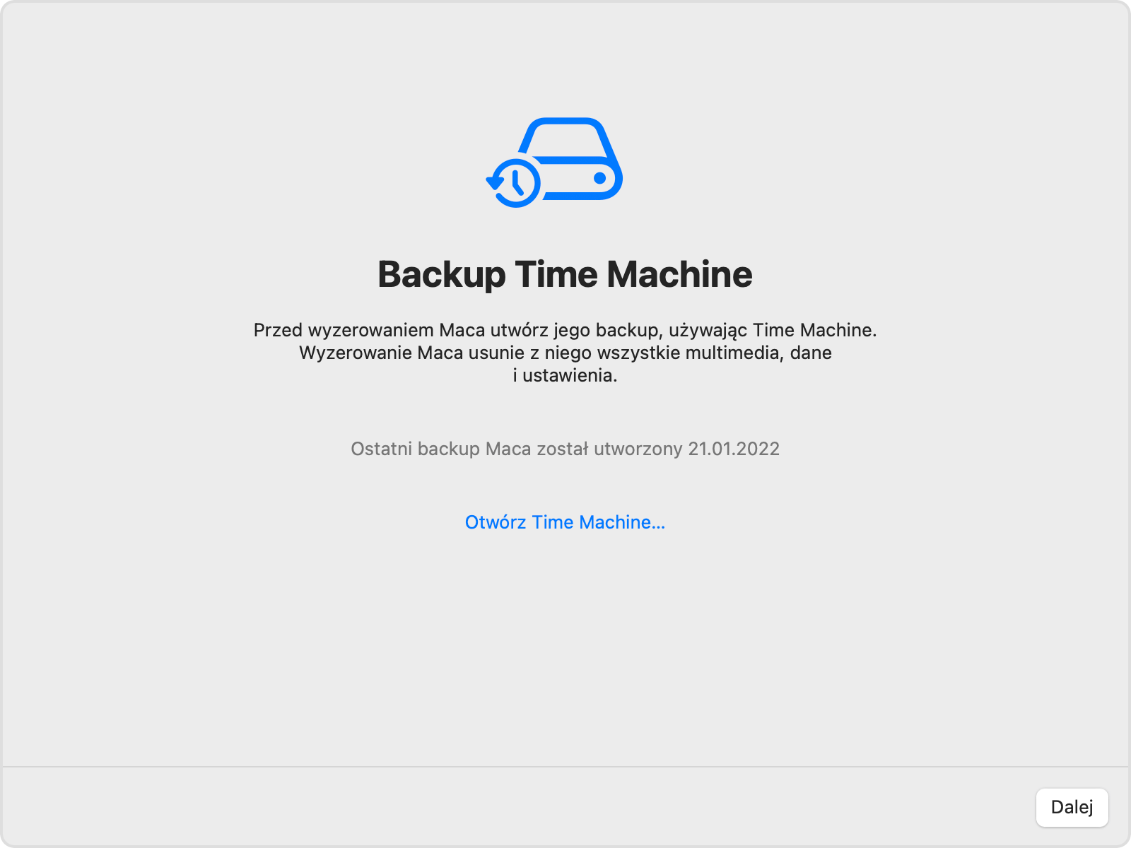 Okno Backup Time Machine funkcji Wymaż zawartość i ustawienia w systemie macOS