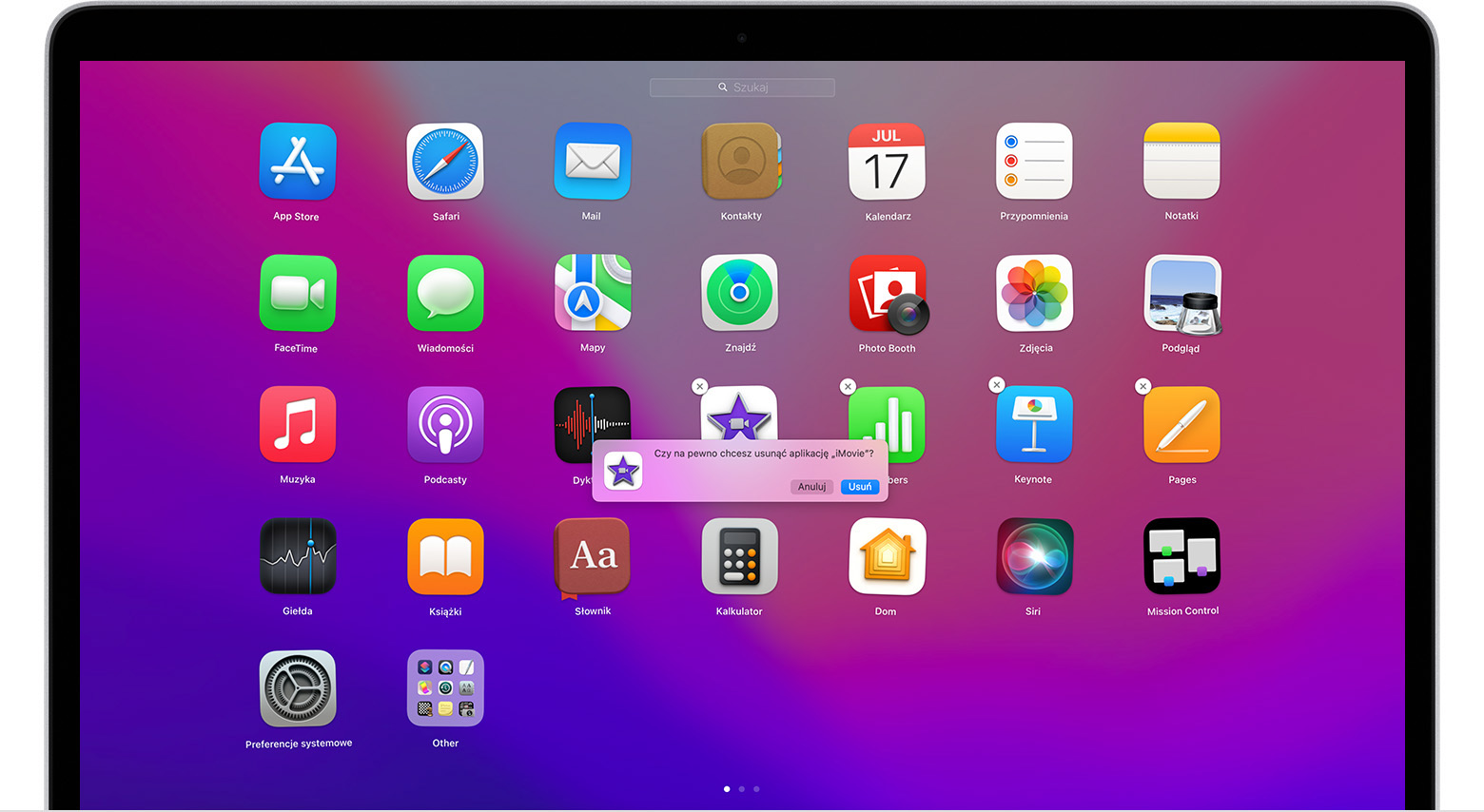 Ekran Launchpada w systemie macOS pokazujący opcje potwierdzenia usunięcia aplikacji