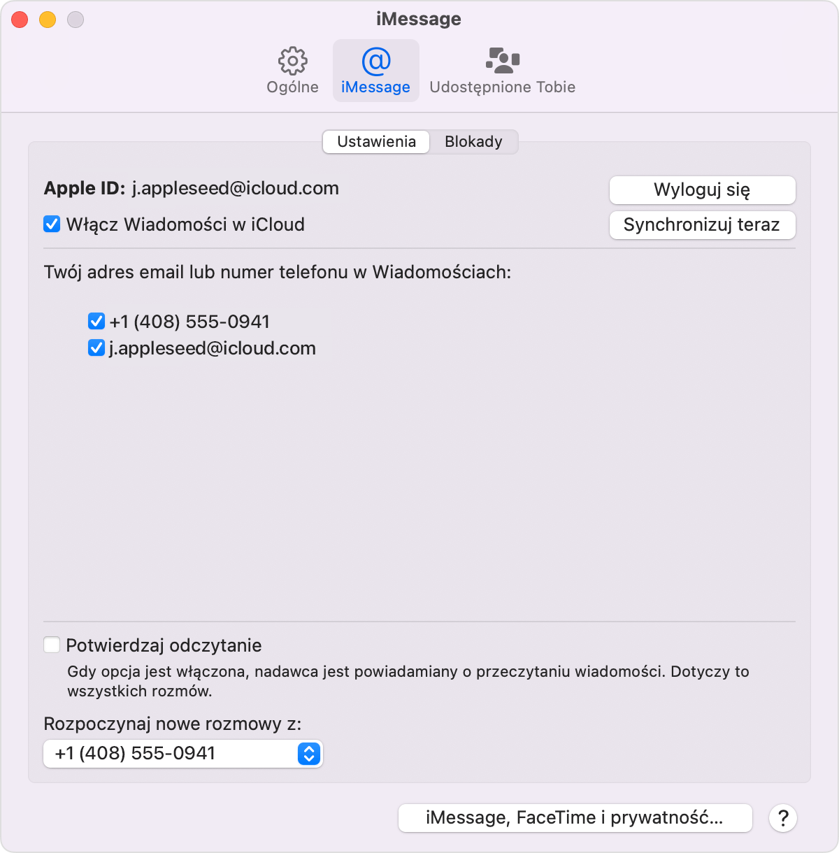 Ekran ustawień aplikacji iMessage na komputerze Mac z zaznaczoną opcją Włącz Wiadomości w iCloud