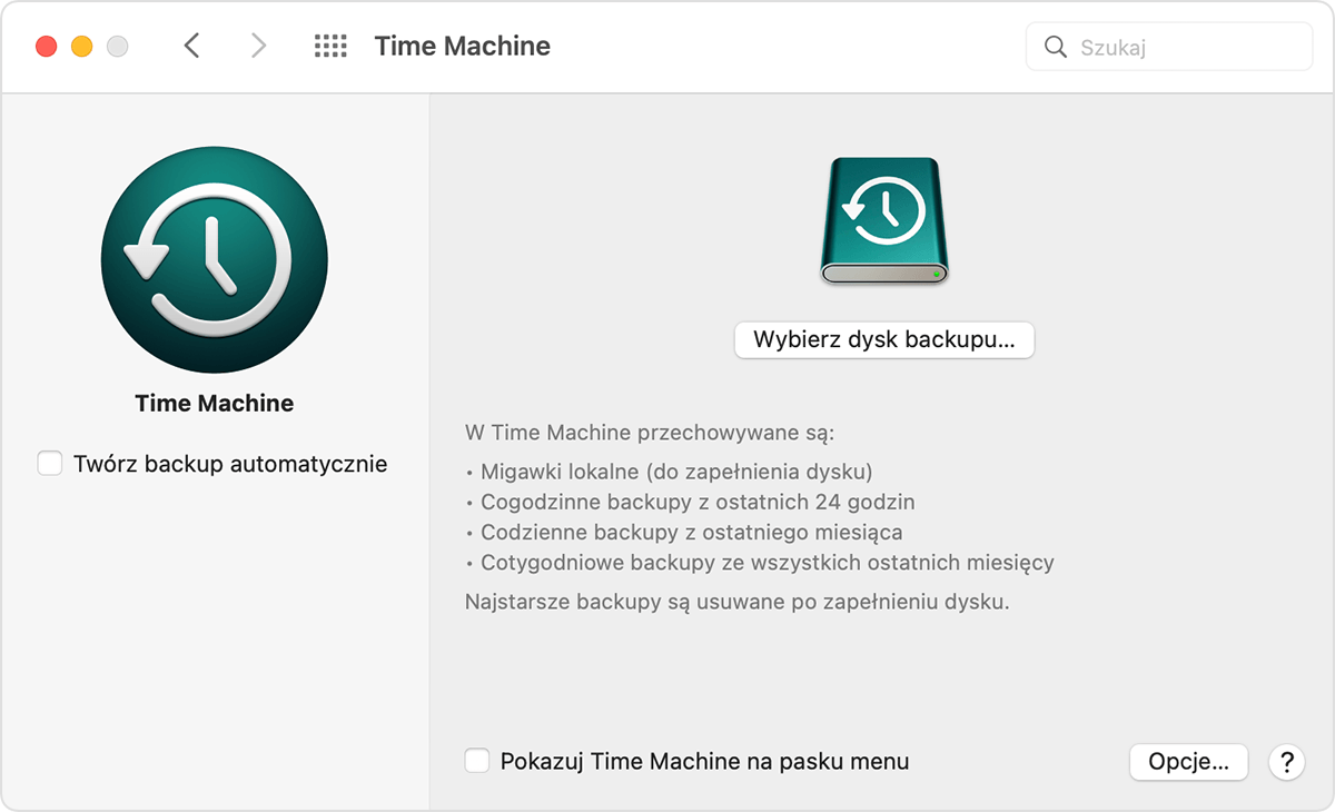 Okno preferencji aplikacji Time Machine