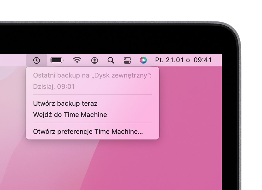 Menu aplikacji Time Machine wyświetlające czas utworzenia ostatniego backupu