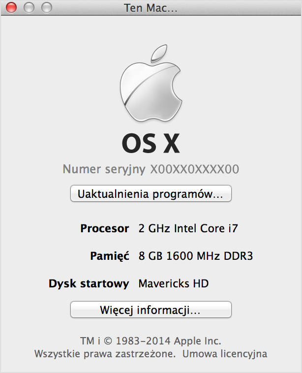Okno Ten Mac w systemie OS X Mavericks