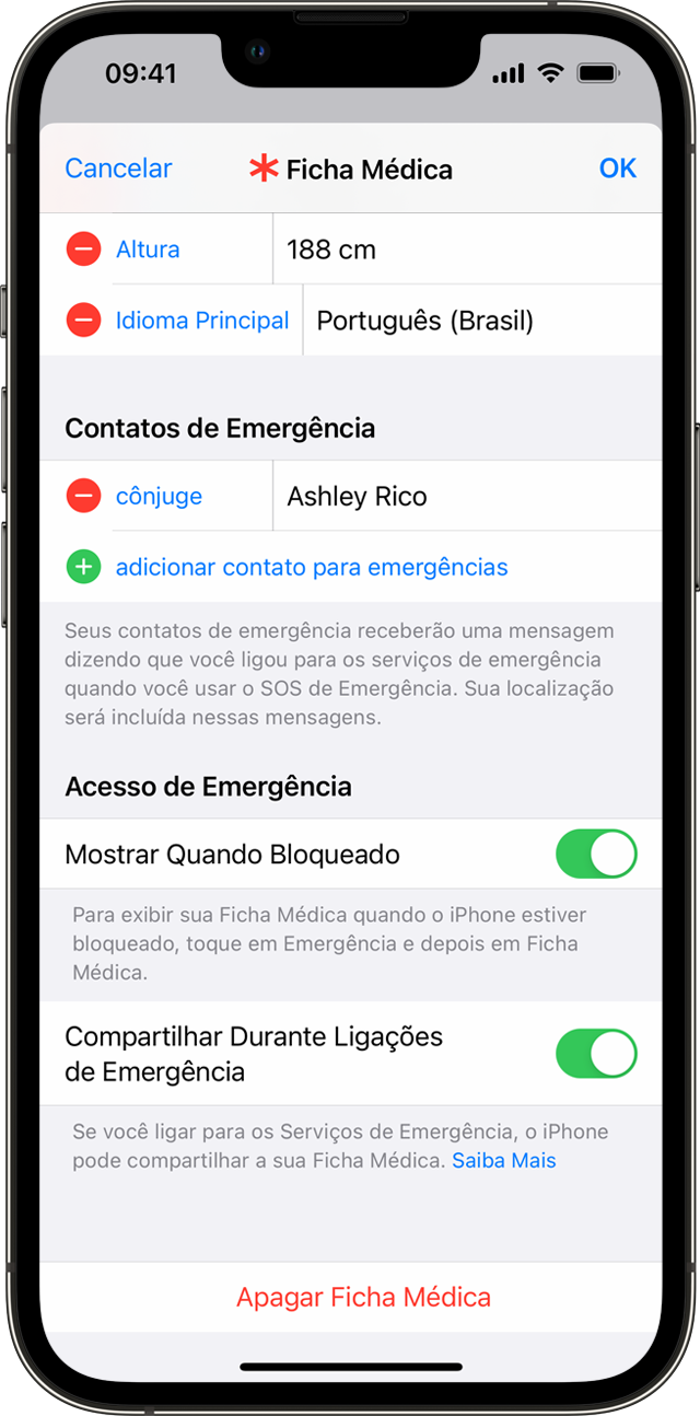 Um iPhone mostrando a tela de ajustes da Ficha Médica, onde você pode adicionar contatos de emergência.