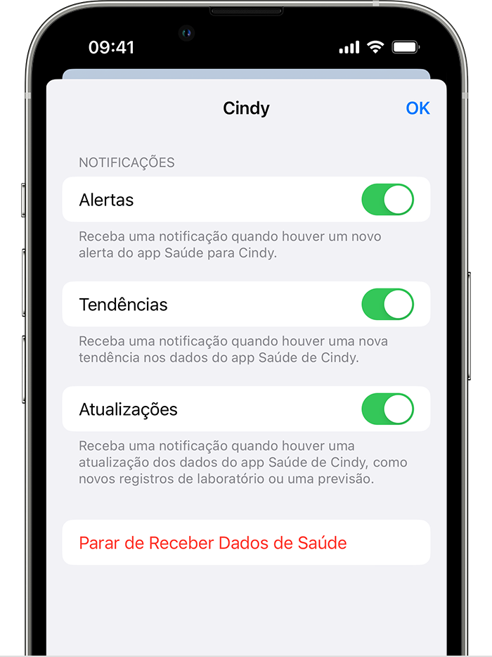 Tela do iPhone mostrando as opções para desativar Alertas, Tendências ou Atualizações ao compartilhar dados de saúde com outra pessoa.