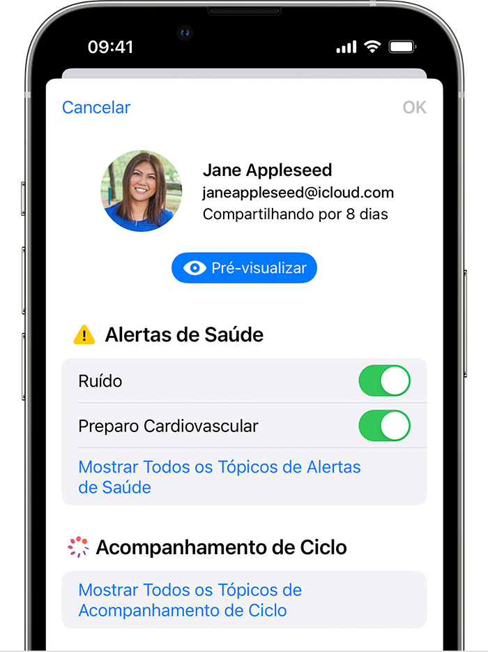 Tela do iPhone mostrando os tópicos de saúde disponíveis que você pode adicionar ou parar de compartilhar.