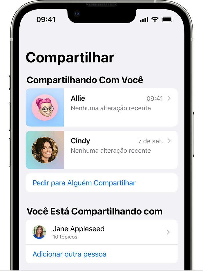 Tela do iPhone mostrando a aba Compartilhamento do app Saúde.