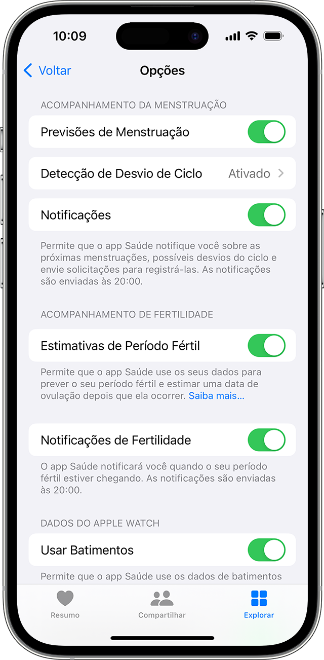 Opções de Acompanhamento de Ciclo para receber notificações de acompanhamento de menstruação e fertilidade no iPhone