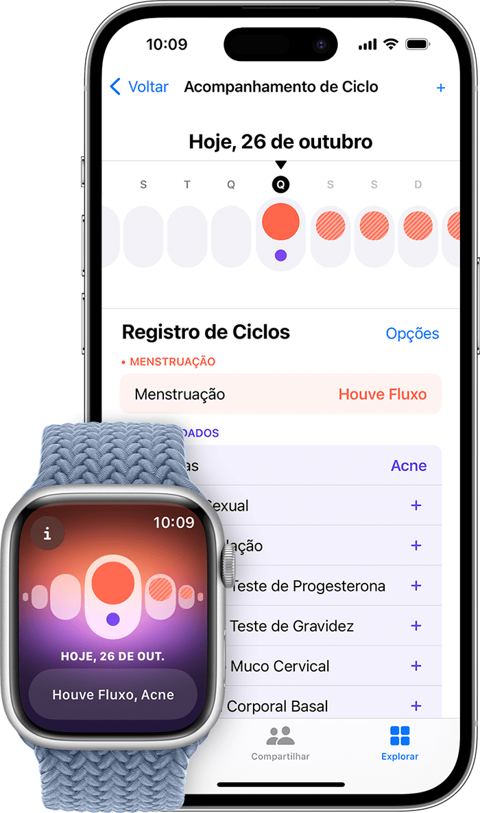 App Monitoramento de ciclo no Apple Watch e app Saúde no iPhone