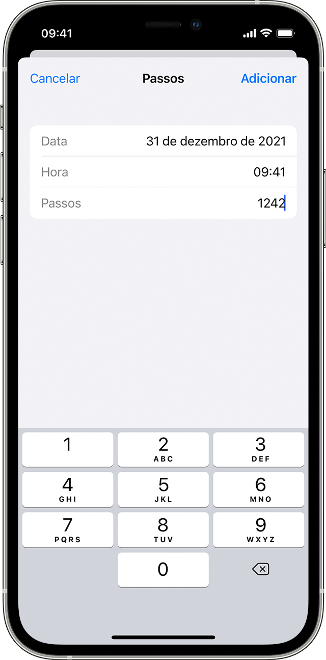 A Data, Hora e número de Passos inseridos para Atividade em um iPhone.
