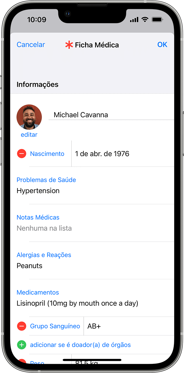 Uma tela do iPhone mostrando informações de identificação médica