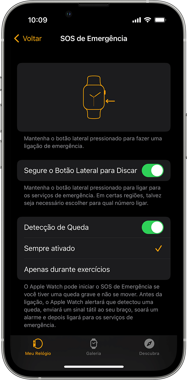 Uma tela do iPhone mostrando a opção de ativar a Detecção de Queda