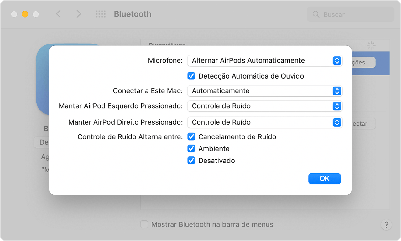 Ajustes do Bluetooth no Mac