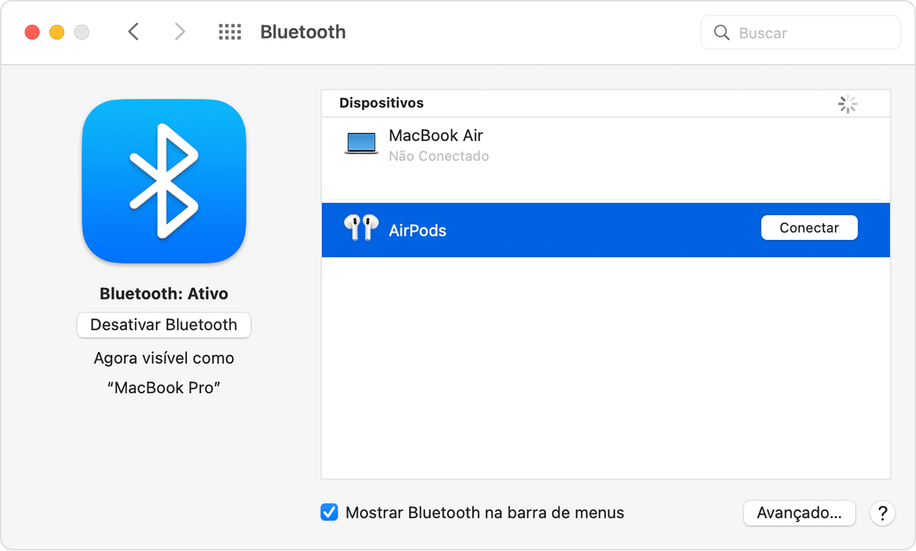 Ajustes Bluetooth nas Preferências do Sistema no Mac