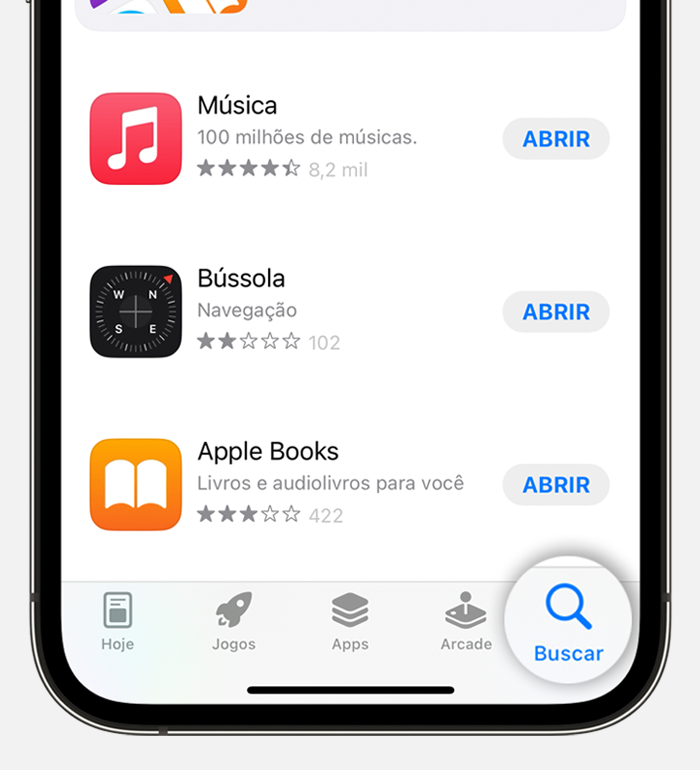 iPhone mostrando a aba de busca na parte inferior da tela na App Store.