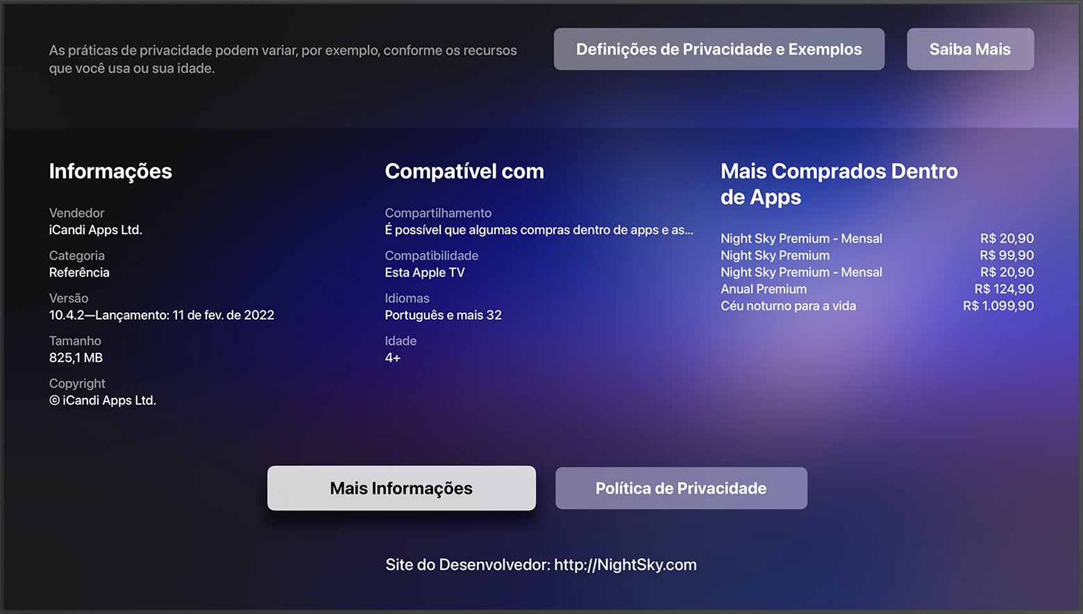 Na App Store na Apple TV, o site do desenvolvedor está na parte inferior da página do app.