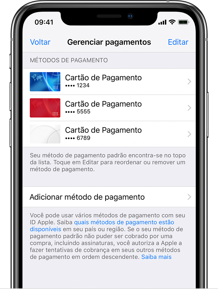 iPhone mostrando a tela Gerenciar pagamentos com três cartões de crédito na lista.