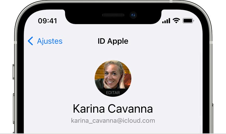 Nos ajustes do iOS, o endereço de e-mail do ID Apple está abaixo do seu nome.