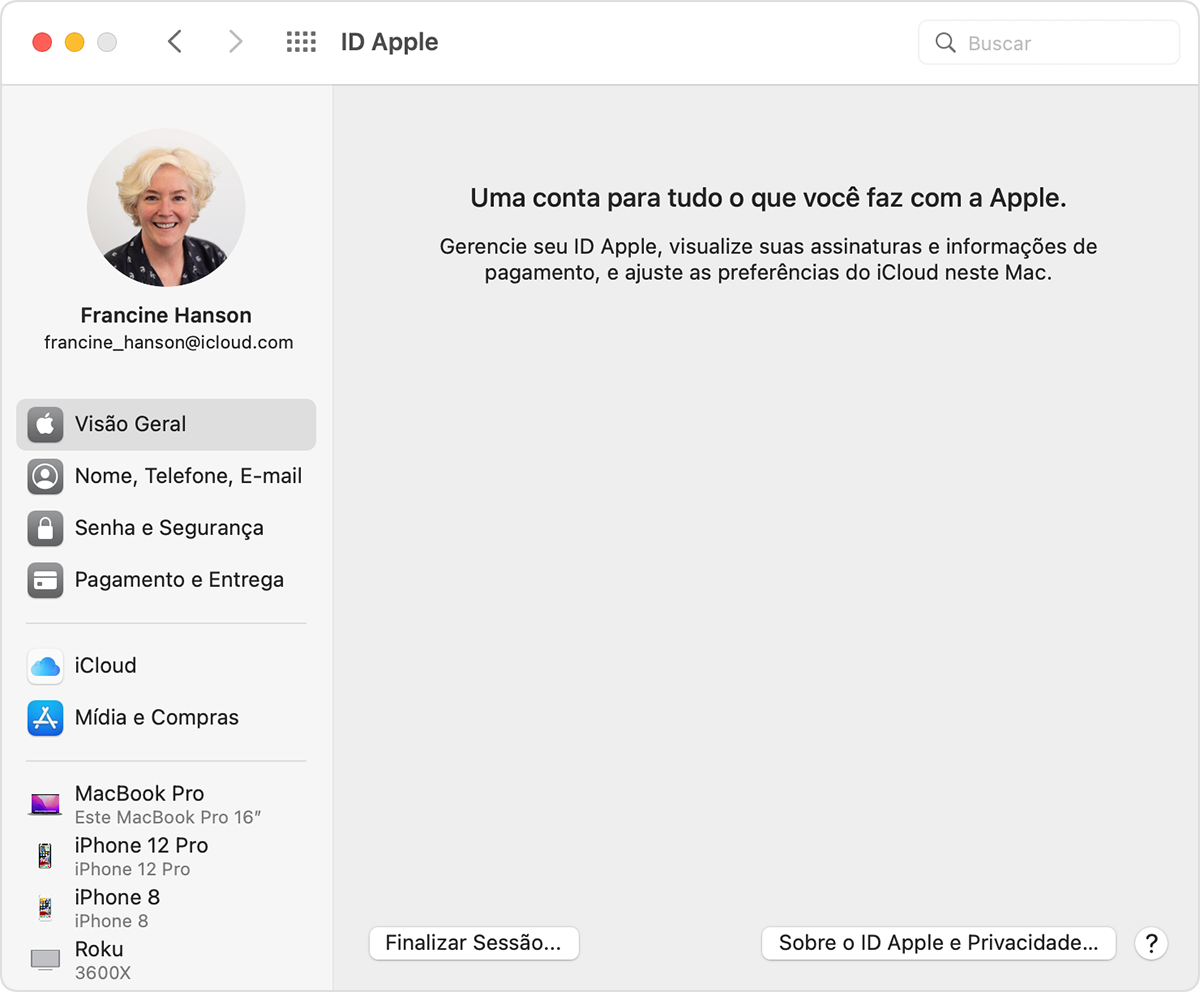 O menu ID Apple de Preferências do Sistema, mostrando opções para um cliente que se chama Francine Hanson.