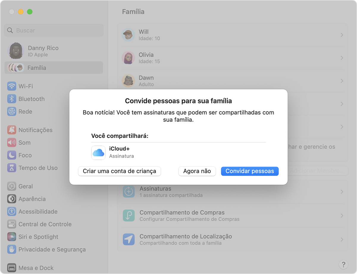 O botão Create Child Account (Criar conta de criança) está à esquerda, ao lado dos botões Agora Não e Convidar pessoas.