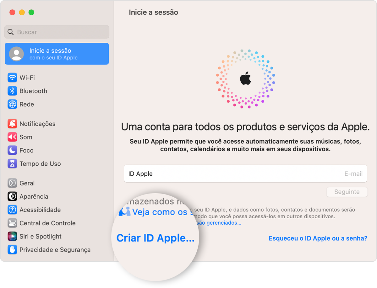 Em um Mac, crie um ID Apple em Ajustes do Sistema