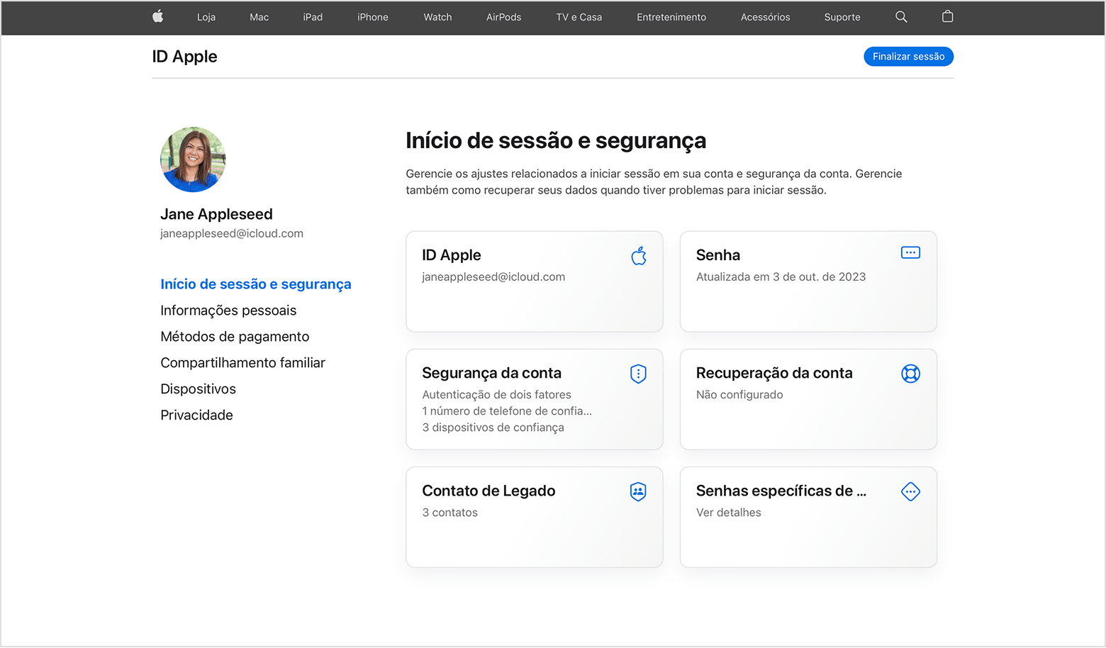 Tela mostrando como alterar a senha do ID Apple na web