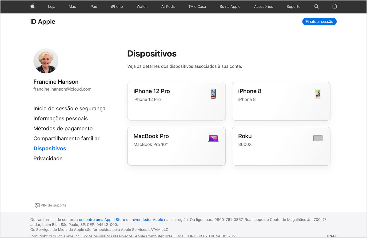 Uma imagem de appleid.apple.com mostrando três dispositivos para Francine Hanson: um iPhone 12 Pro, um MacBook Pro e um Roku.