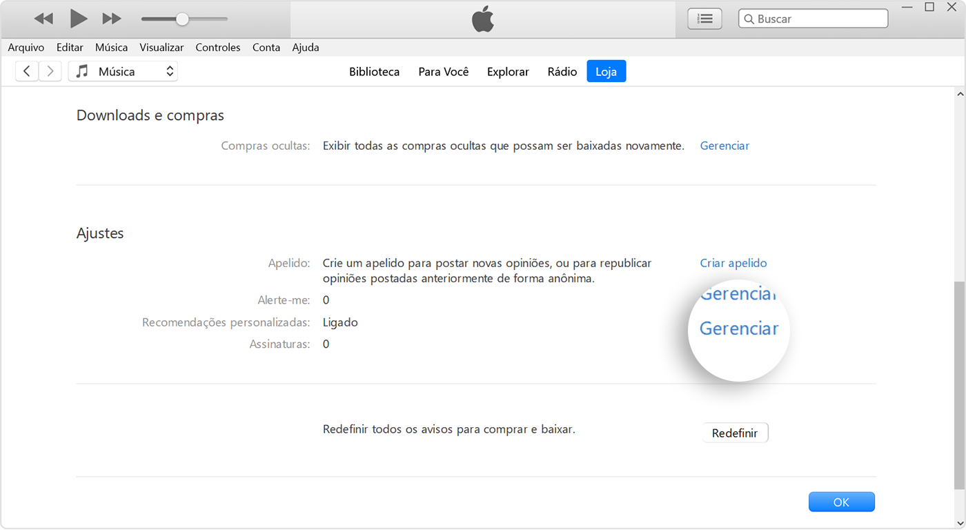 O botão Gerenciar ao lado de Assinaturas no iTunes.