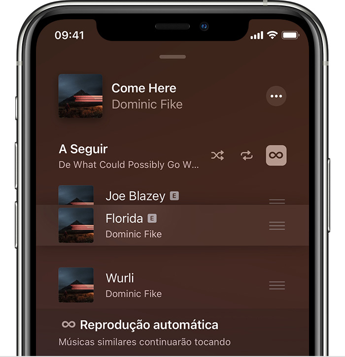 iPhone mostrando uma música sendo reordenada na tela A Seguir