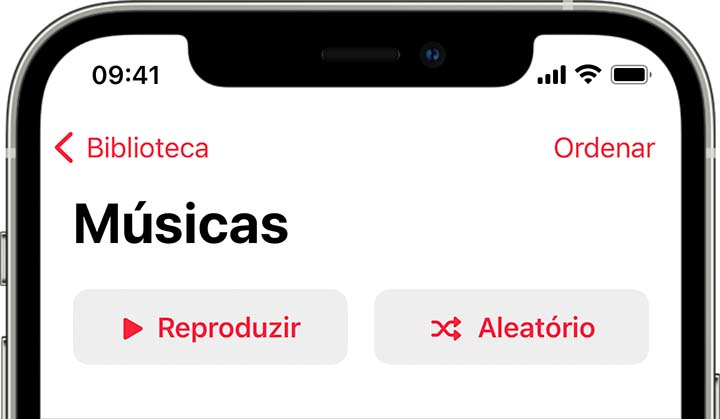 iPhone mostrando o botão Aleatório na parte superior da tela Músicas em Biblioteca.