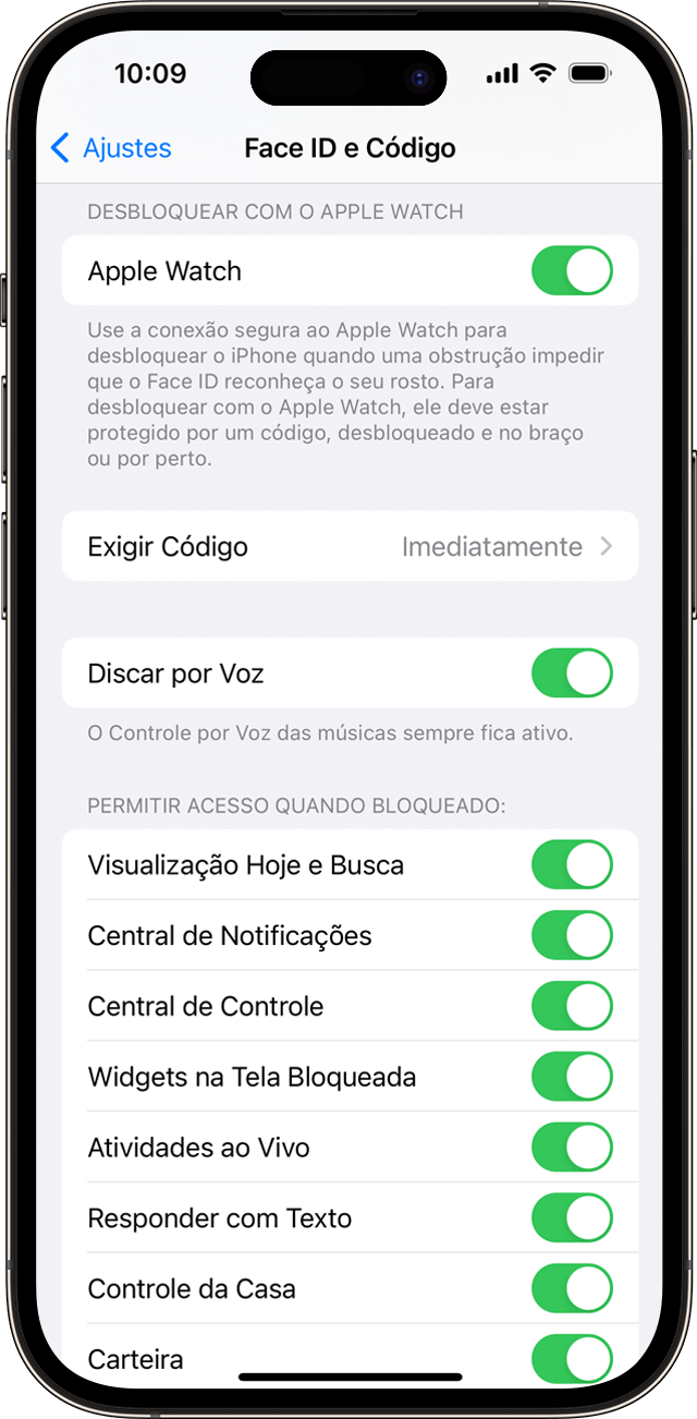 Captura de tela do iOS mostrando opções de ajuste do Face ID e Código.