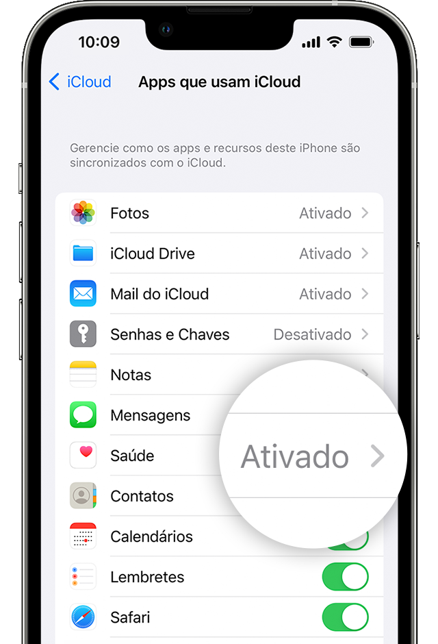 iPhone mostrando os ajustes do iCloud