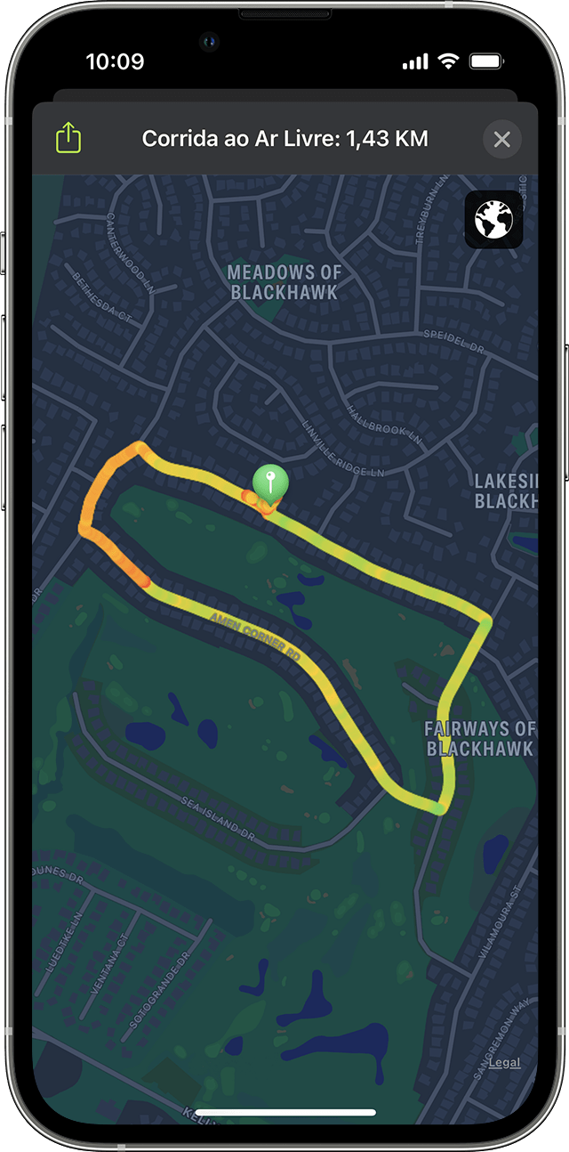 Mapa de um treino Corrida ao Ar Livre em um iPhone.