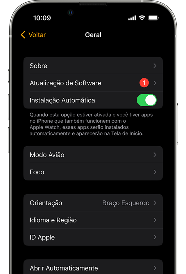 iPhone mostrando uma atualização de software do Apple Watch disponível