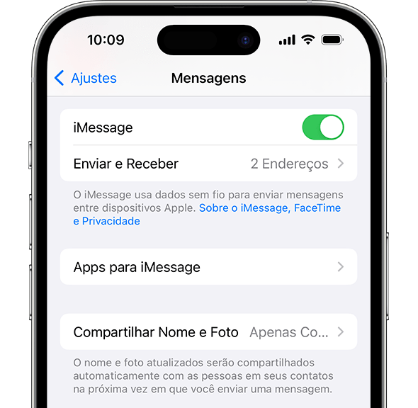 App Ajustes do iPhone mostrando vários ajustes para Mensagens