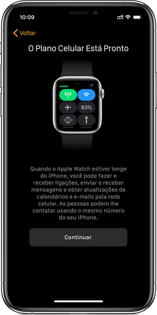 Tela de configuração de rede celular do iPhone mostrando que o plano celular está pronto para ser usado com o Apple Watch.
