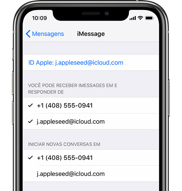 John Appleseed iniciou sessão no iMessage com o ID Apple.