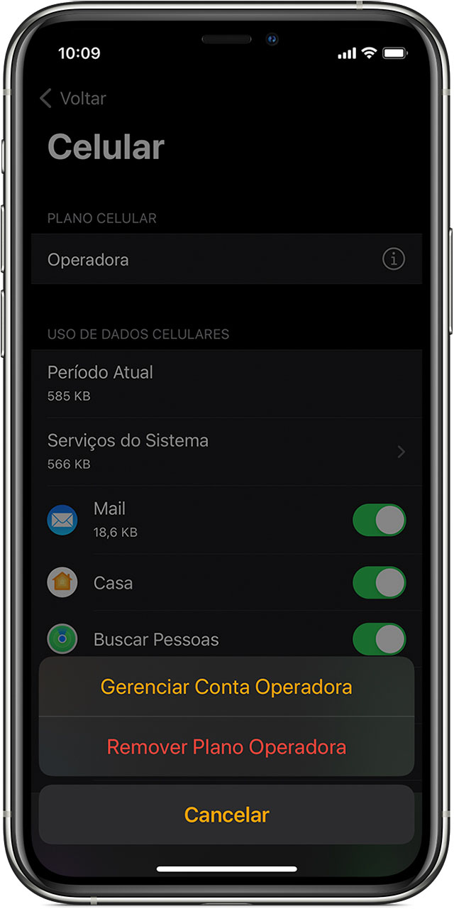 iPhone mostrando a tela Celular no app Apple Watch