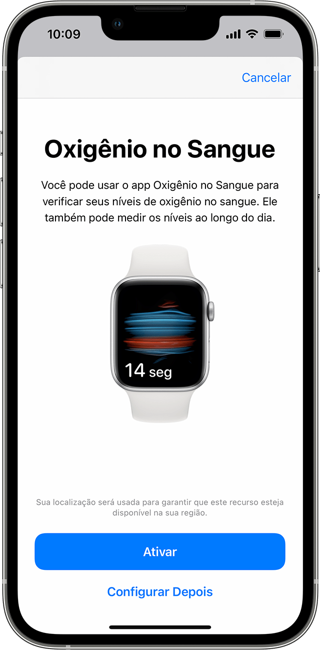 Um iPhone mostrando a tela de configuração inicial do app Oxigênio no Sangue.