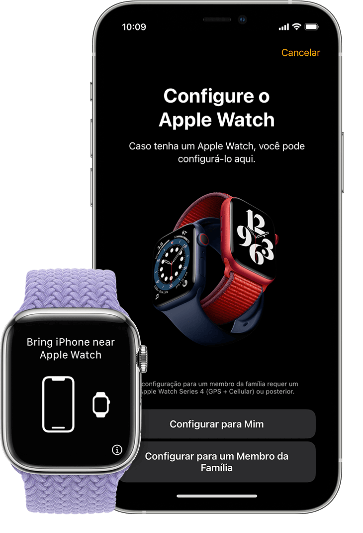 Tela de configuração inicial para emparelhar um novo relógio em um iPhone e em um Apple Watch.