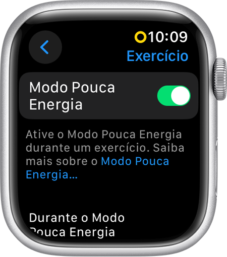Apple Watch mostrando o Modo Pouca Energia em ajustes de Exercício