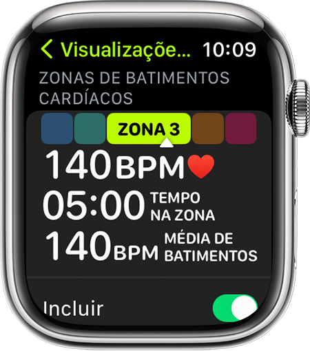 Um Apple Watch que mostra a métrica de Zona de Batimentos Cardíacos durante uma corrida
