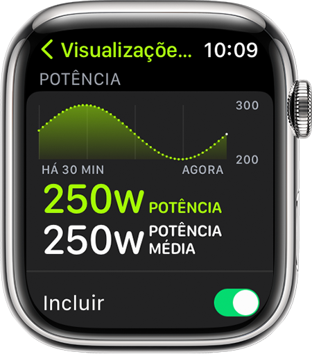 Um Apple Watch que mostra a métrica de exercício de Potência de Corrida durante uma corrida