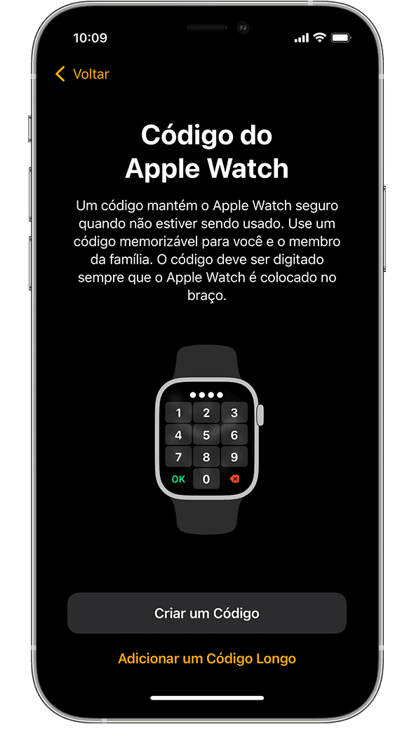 Tela de configuração do código de acesso do Apple Watch em um iPhone.
