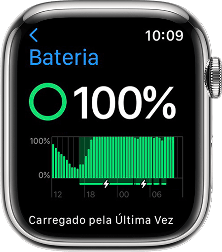 Apple Watch mostrando as informações de carregamento no app Ajustes